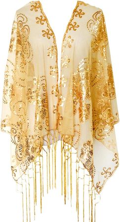 L'VOW Women's Glittering 1920s Scarf Mesh Sequin Wedding Cape Fringed Evening Shawl Wrap(Gold) at Amazon Women’s Clothing store