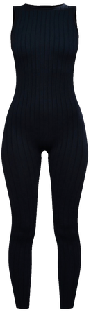 PLT-black structured snatched rib racer jumpsuit