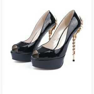 Shoes | New Scorpion Heel Black Patent Peep Toe Pumps | Poshmark