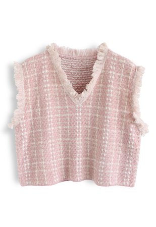 Basic Texture Raw Edge Knit Vest in Pink - Retro, Indie and Unique Fashion