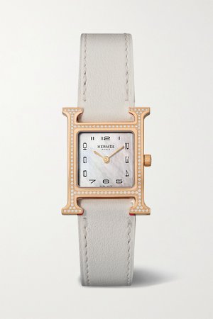 White Heure H 21mm small 18-karat rose gold, leather, mother-of-pearl and diamond watch | Hermès Timepieces | NET-A-PORTER