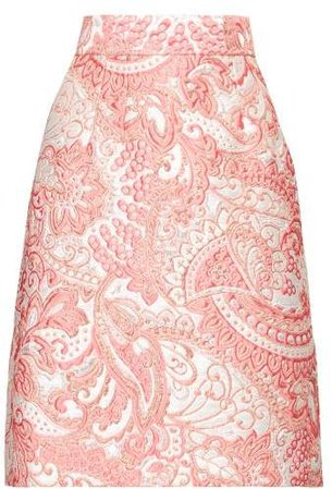 A Line Floral Brocade Knee Length Skirt - Womens - Pink White