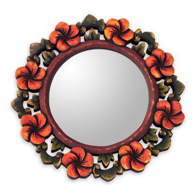 Round Floral Wall Mirror Hand Carved from Wood - Plumeria Garland | NOVICA
