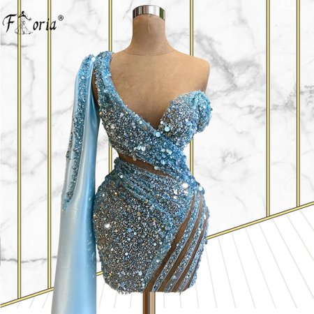 Trendy Sky Blue One Shoulder Tulle Cocktail Dress Sexy See Thru Beading Sequins Homecoming Dresses Luxury Crystals Prom Gowns|Cocktail Dresses| - AliExpress