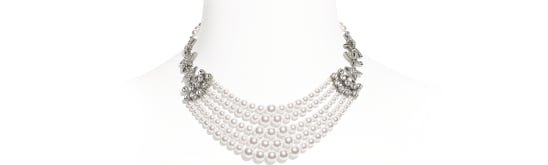 Necklace, metal, glass pearls & strass, silver, pearly white & crystal - CHANEL