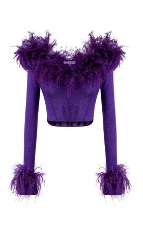 Feather-Trimmed Glittered Knit Corset Top By Raisa Vanessa | Moda Operandi