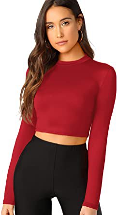 Verdusa Women's Casual Slim Fitted Basic Long Sleeve Solid Crop Tee Top at Amazon Women’s Clothing store