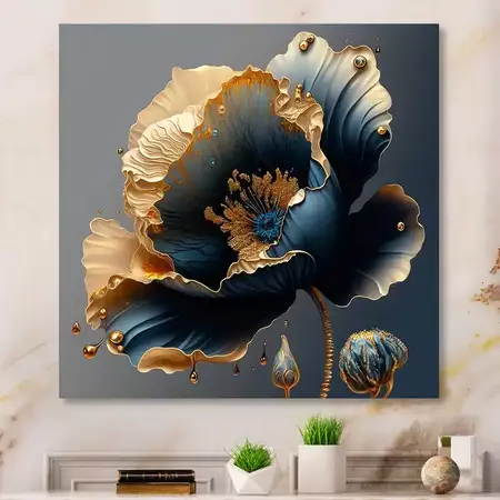 Designart 'Deep Blue And Gold Single Flower IV' Floral & Botanical Canvas Wall Art - On Sale - Bed Bath & Beyond - 37304141