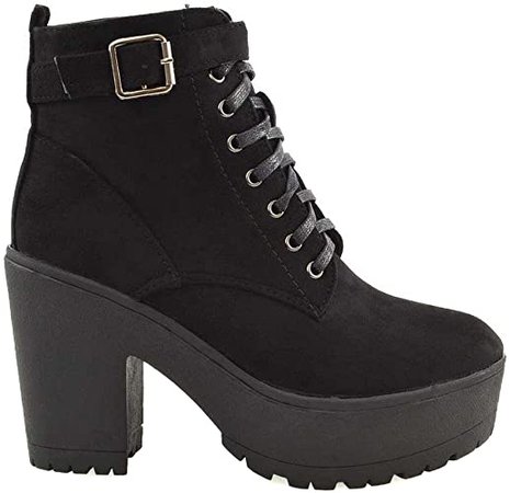 Amazon.com | ESSEX GLAM Womens Synthetic Chunky Platform Cleated Sole Lace Up Ankle Boots (US 9, Black Synthetic Leather) | Ankle & Bootie