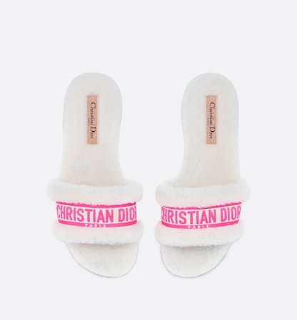 Dior Chez Moi Slide Bright Pink Cotton Embroidery and White Shearling | DIOR