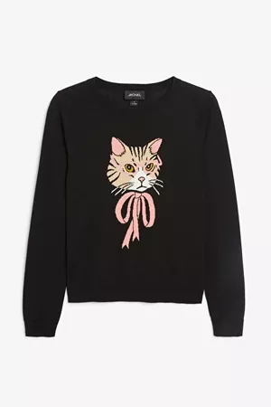 Knitted long-sleeved top - Cat print - Knitwear - Monki WW