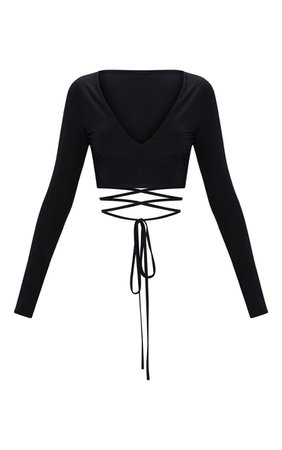 Black Slinky Long Sleeve Tie Waist Crop Top | PrettyLittleThing USA