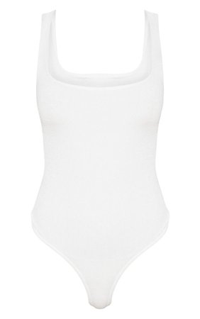 Petite White Slinky Square Neck Thong Bodysuit | PrettyLittleThing USA