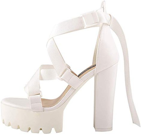 Amazon.com | Onlymaker Women's Fashion Ankle Strap Block Heel Sandals - Open Toe Platform High Heels White Size 13 | Sandals