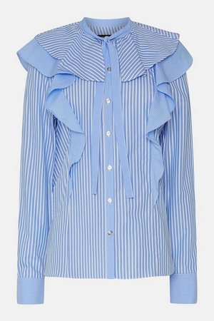 Cotton Stripe Long Sleeve Ruffle Blouse | Karen Millen