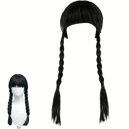 23.6 Inch Black Long Straight Braids Wig for Girls and Women Synthetic Heat Resistant Fiber Wednesday Addams Cosplay Wig for Halloween Party | SHEIN USA