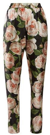Rose Print Silk Trousers - Womens - Black Pink