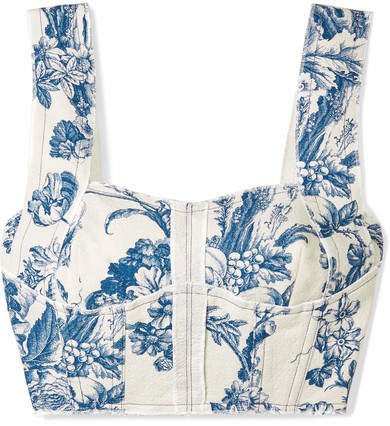 Cropped Printed Cotton-blend Twill Bustier Top - Blue