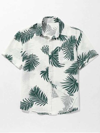Pocket Leaves Printed Button Up Shirt GREEN: Shirts L | ZAFUL