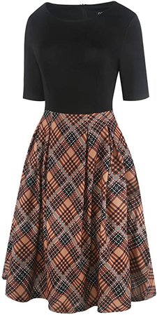 Women's Vintage Patchwork Pockets Puffy Swing Casual Party Dress OX165 (Khaki Plaid PT, l) at Amazon Women’s Clothing store