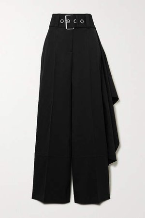 Belted Draped Wool Wide-leg Pants - Black