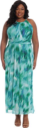 London Times Women's Plus Size Halter Maxi with Ruched Waistband, Soft White/Cobalt, 22 at Amazon Women’s Clothing store