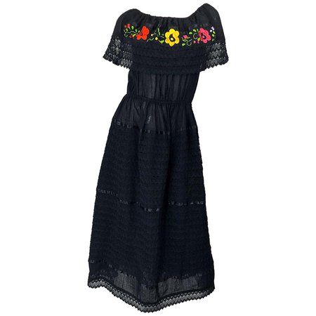 1970s Black Embroidered Crochet Flowers Vintage 70s Mexican Maxi Dress For Sale at 1stDibs