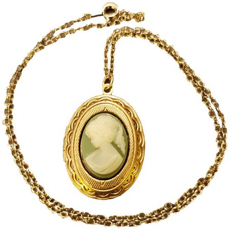 Vintage 80's Goldtone Green Cameo Locket Necklace - Thrilling