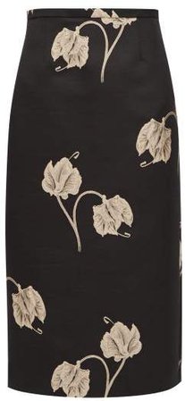 Oncidium Embroidered Orchid Pencil Skirt - Womens - Black