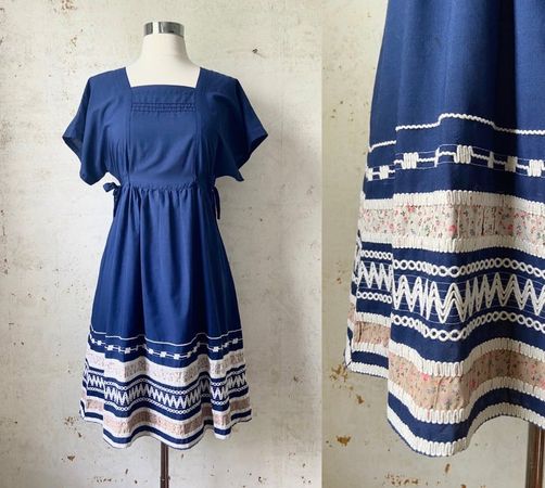 Vintage 70s Indigo Blue Calico Trim Boho Prairie Dress sz 34 | Etsy