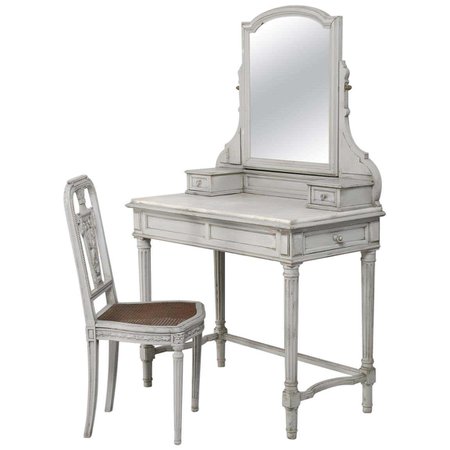 Antique French Dressing Table with Matching Chair in Original Grey Paint For Sale at 1stDibs