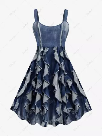 Plus Size Denim Rag Ruffles 3D Print Tank Dress [53% OFF] | Rosegal