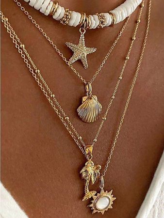 1pc Bohemian Multiple Layer Necklace With Random Sea Star, Shell, Flower & Elephant Shaped Polymer Clay Pendants For Women, Beach Vacation Style | SHEIN USA