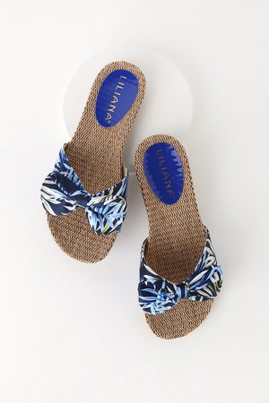 Cute Blue Print Sandals - Palm Print Sandals - Slide Sandals
