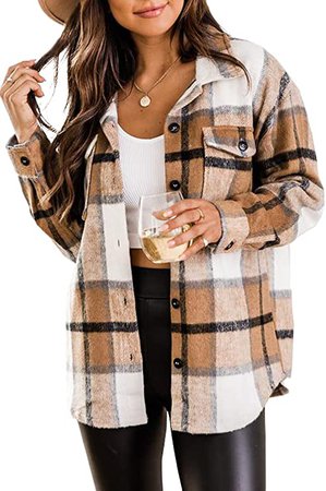 AUTOMET Womens Oversized Flannel Jacket Shirts Wool Blend Button Down Long Sleeve Shacket Clothes 2022 Fall Fashion Tops Apricot at Amazon Women’s Clothing store
