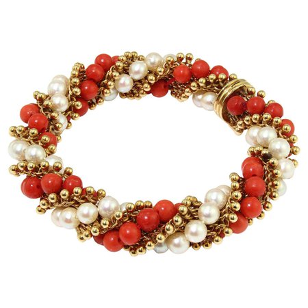 1970s Van Cleef and Arpels 18kt Yellow Gold, Coral, and Pearl Twirl Bracelet