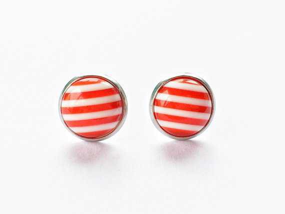 Bright red candy striped earrings stripey pattern stud