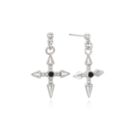 P.D.L Pendulum Cross Earrings with Black Onyx Setting Plated in White Gold 925 Silver | ille lan | Wolf & Badger