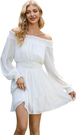 UGUEST Women's Summer Off Shoulder Chiffon Dress, Long Sleeve Flared Casual Cocktail Party Dress at Amazon Women’s Clothing store