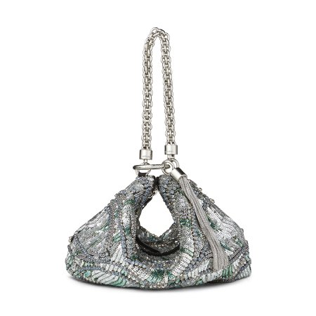 CALLIE Silver Satin Clutch Bag with Bead and Crystal Embroidery