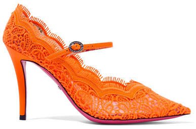 Virginia Crystal-embellished Corded Lace Mary Jane Pumps - Bright orange