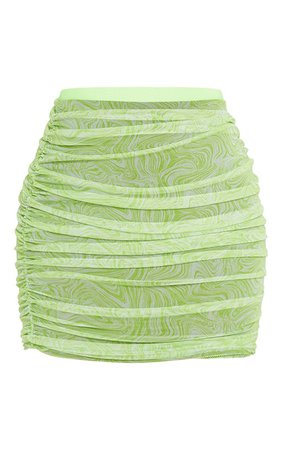 Green Geo Print Mesh Ruched Detail Mini Skirt | PrettyLittleThing USA