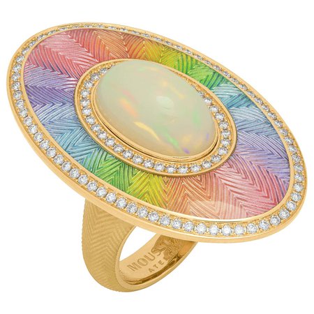 Mousson Atelier Ethiopian Opal Cabochon 5.22 Carat Diamonds 18 Karat Yellow Gold Enamel Ring