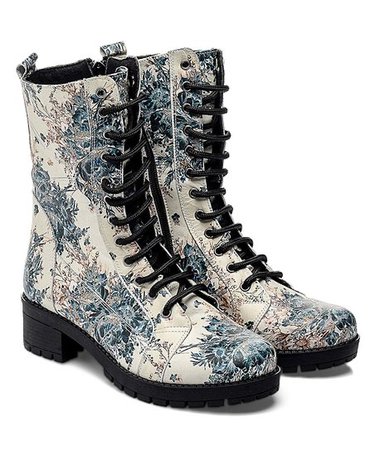 Blue and White Floral Combat Boots