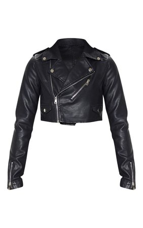 Black Cropped Pu Biker Jacket | PrettyLittleThing