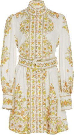 Belted Floral-Print Linen Mini Dress