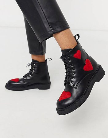 Lamoda flat heart detail lace up boots in black | ASOS