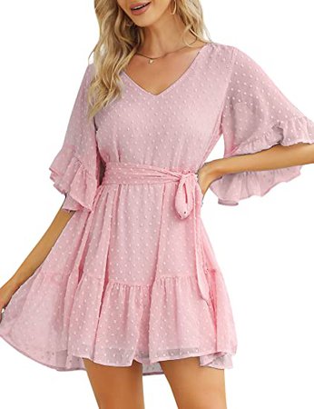 Pink Dress for Women Flowy Short Swiss Dot Chiffon Bell Sleeve V Neck Summer Mini Dress A Line Babydoll Ruffle Belted Dresses at Amazon Women’s Clothing store