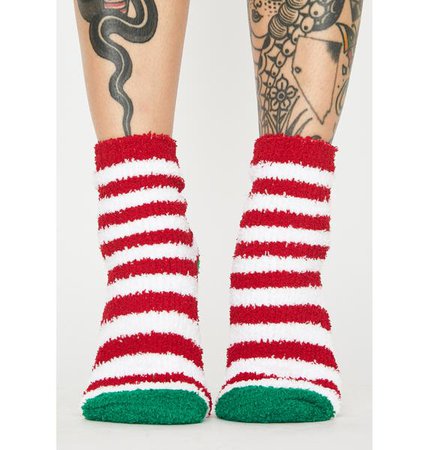Holiday Candy Cane Fuzzy Crew Socks Striped | Dolls Kill