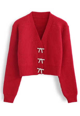 Bowknot Brooch Button Up Crop Knit Cardigan in Red - Retro, Indie and Unique Fashion